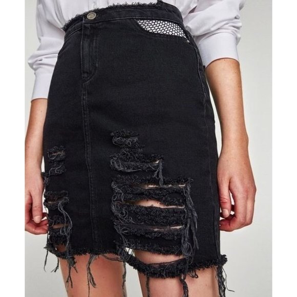 Zara basic Z1975 Denim women's black distressed mini‎ skirt with mesh, M - Picture 10 of 10